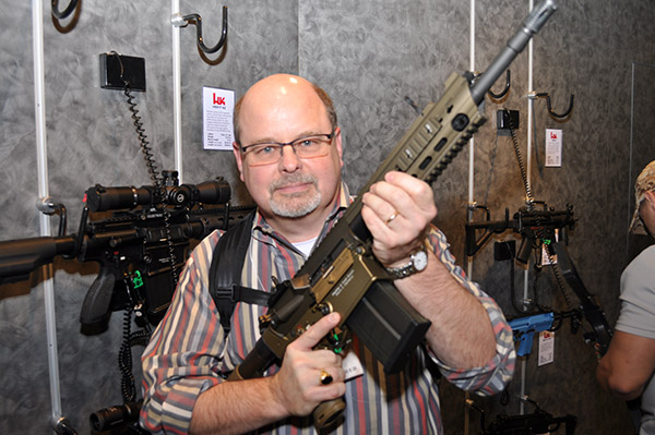 Also at the 2015 SHOT Show, here I holding a Heckler and Koch 417, which is Boxers' primary rifle.
